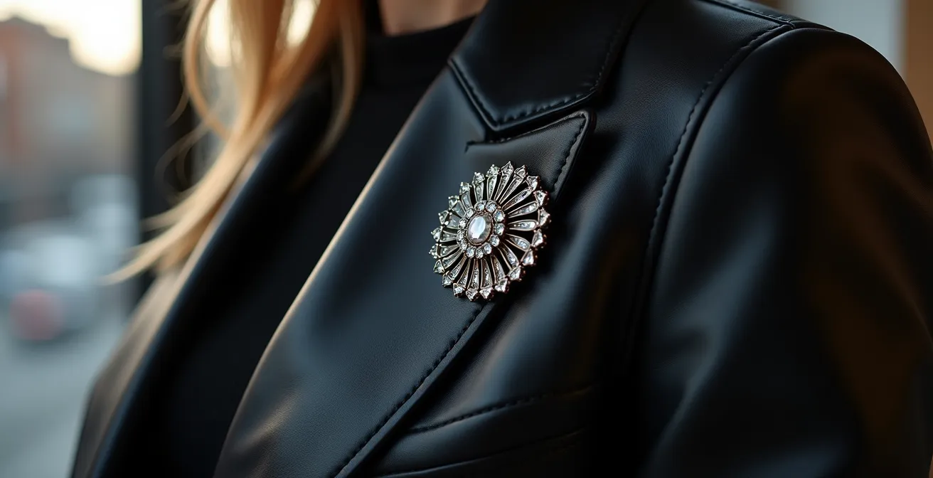 Vintage Art-Déco-Brosche an moderner schwarzer Lederjacke