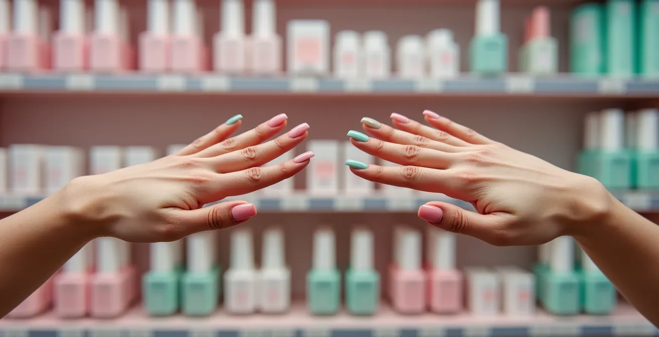 Zwei Frauenhände nebeneinander, die den Zustand von Nagelfolien nach einem und nach fünf Tagen zeigen, vor einem unscharfen Drogerie-Hintergrund.