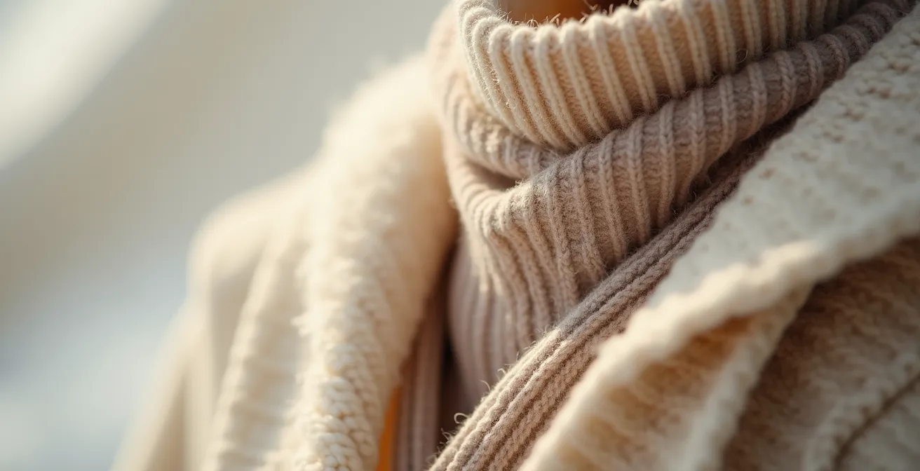 Nahaufnahme eines stilvollen, monochromen Winter-Outfits, das verschiedene Texturen wie Wolle, Seide und Kaschmir in neutralen Tönen kombiniert.