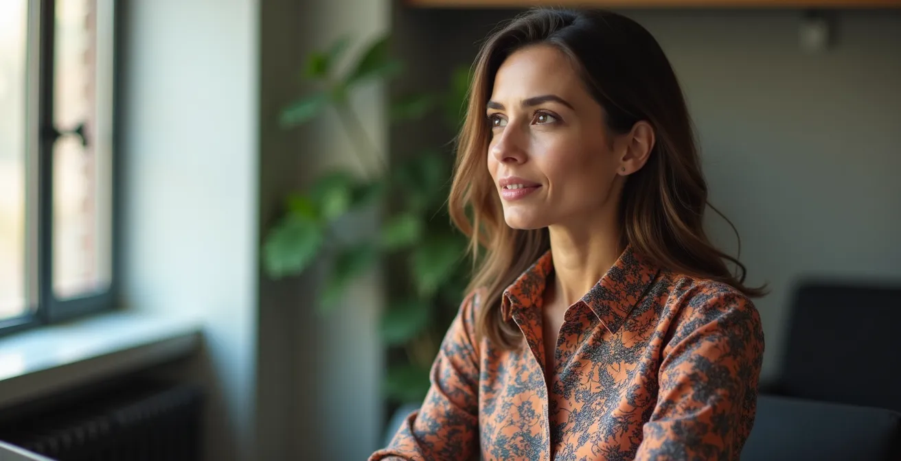 Vergleich verschiedener Mustergrößen und deren optische Wirkung an einer Frau in Businesskleidung.