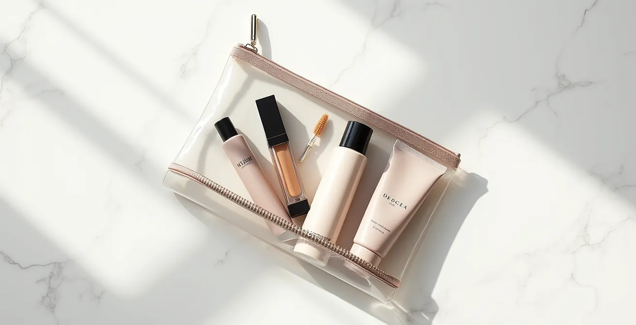 Aufgeräumte Kosmetiktasche mit 5 essentiellen Produkten übersichtlich angeordnet