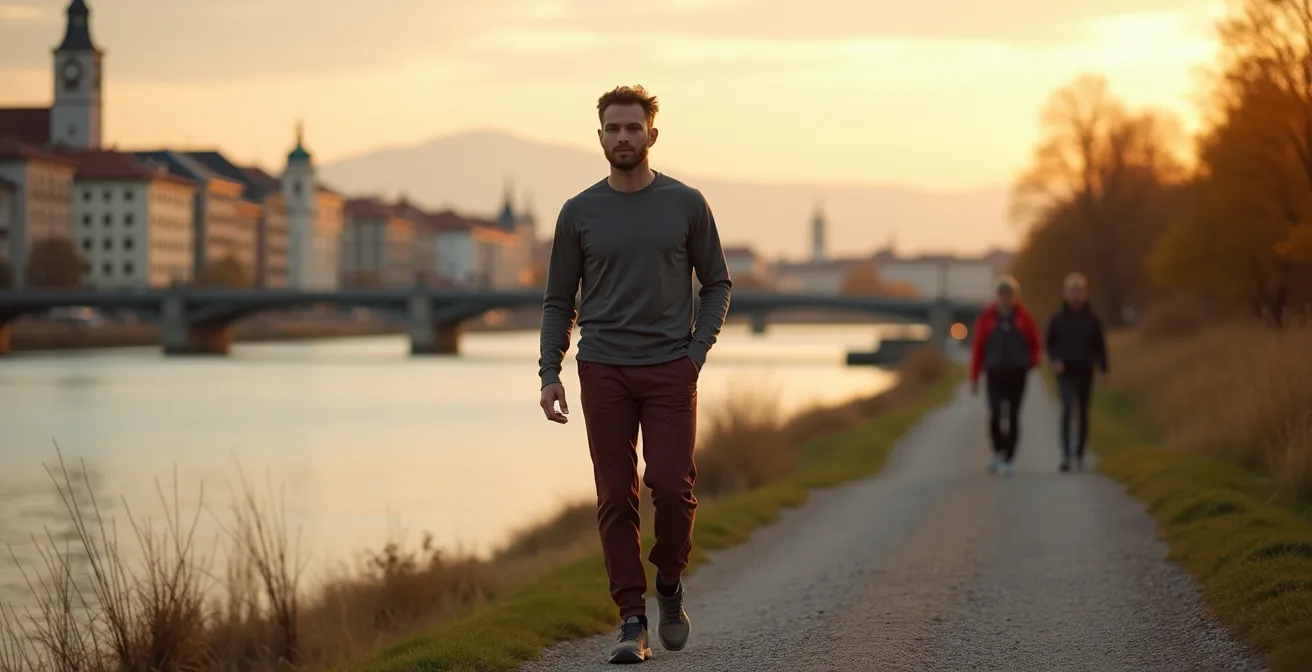 Moderne Outdoor-Mode trifft auf urbanes München mit Alpenpanorama im Hintergrund