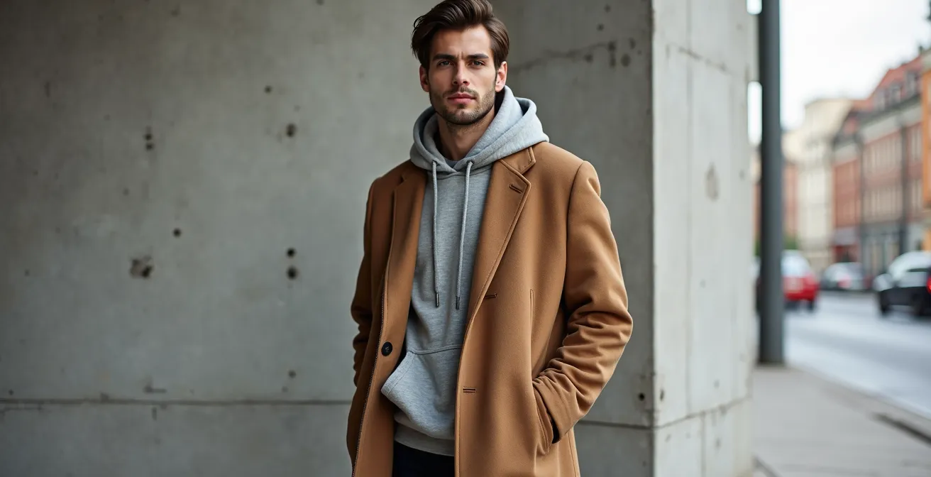 Person trägt geschichteten Look mit Oversize-Hoodie und strukturiertem Mantel