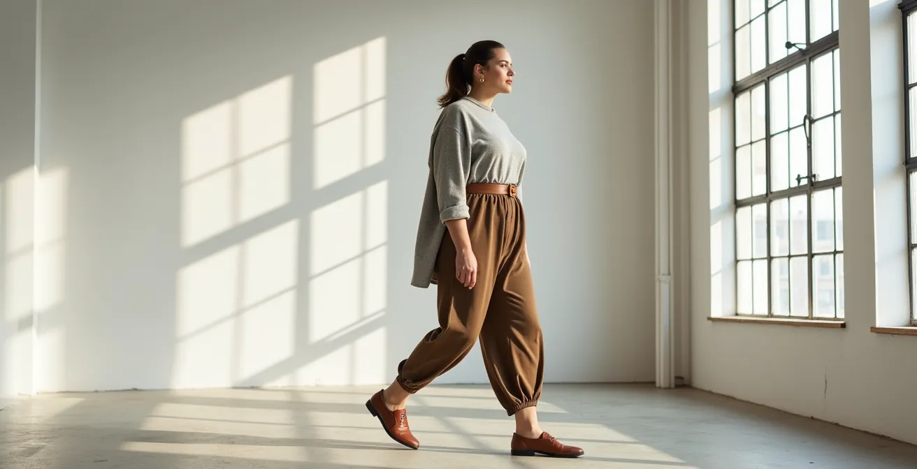 Eine kurvige Frau, die ein stilvolles Oversize-Outfit mit betonten Strukturpunkten wie Taille und Handgelenken trägt.