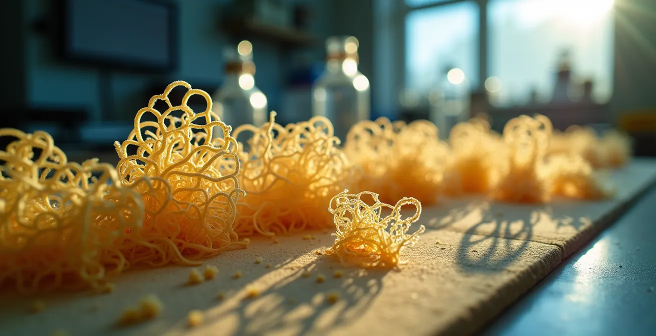 Futuristische Darstellung von Pilzmyzel-Textilien im Entwicklungsstadium