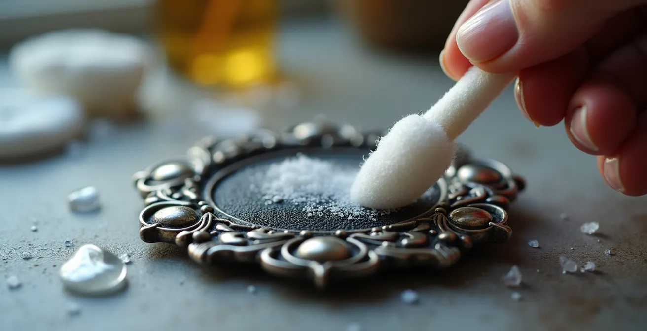 Nahaufnahme einer antiken Silberbrosche mit teilweiser Patina während schonender Reinigung