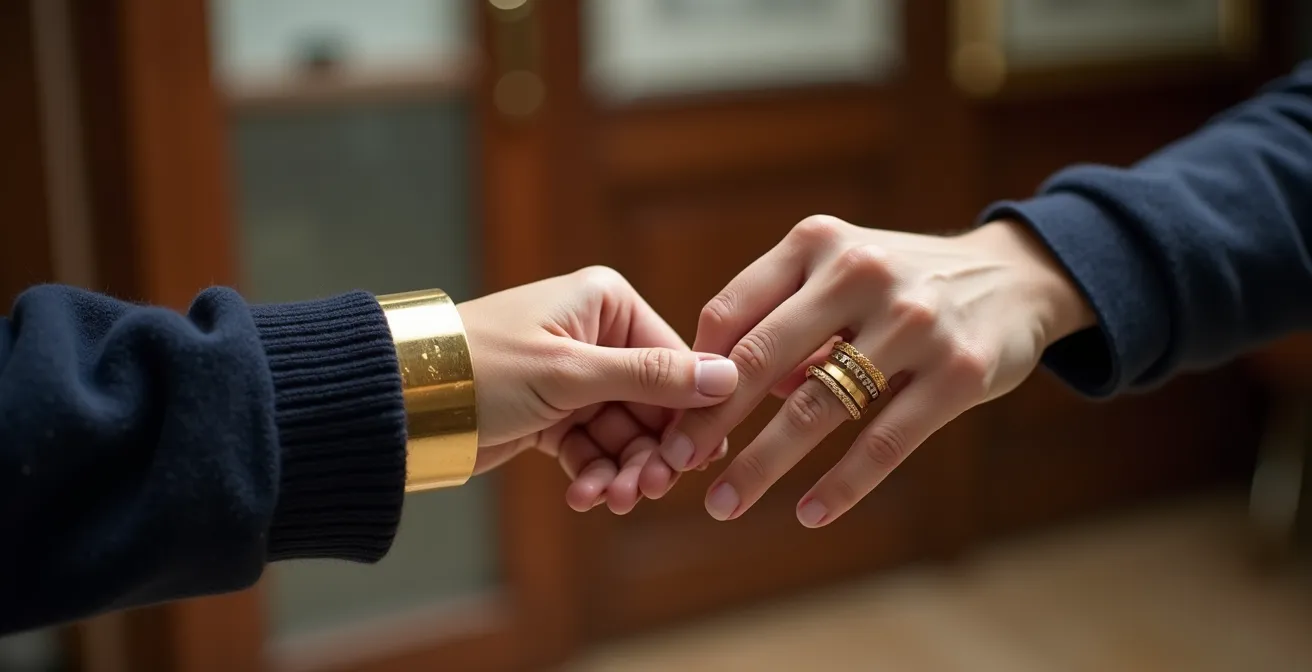 Harmonische Kombination von Statement-Armreif und dezenten Ringen an einer Hand.