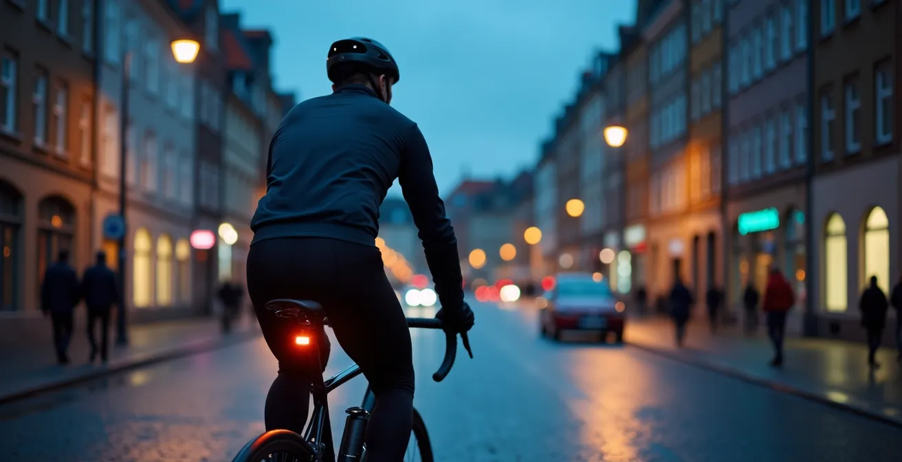 Fahrradpendler mit dezenten reflektierenden Details in urbanem Umfeld