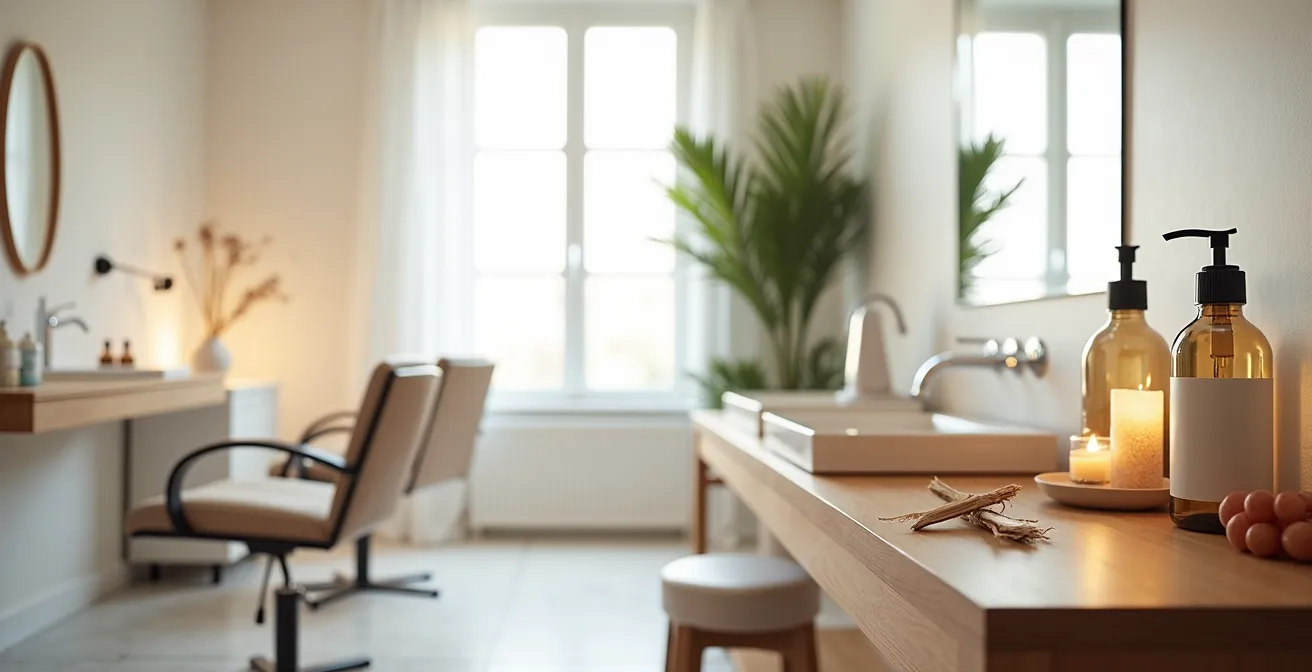 Gegenüberstellung einer professionellen Salonbehandlung und einer Heimanwendung für die Haarpflege in einem minimalistischen Badezimmer.