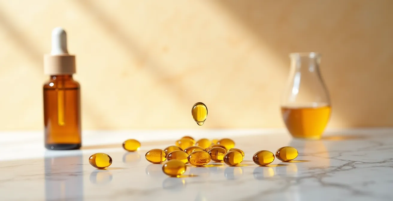 Nahaufnahme von glatter Haut mit aufgetragenem Öl und Vitamin-E-Kapseln