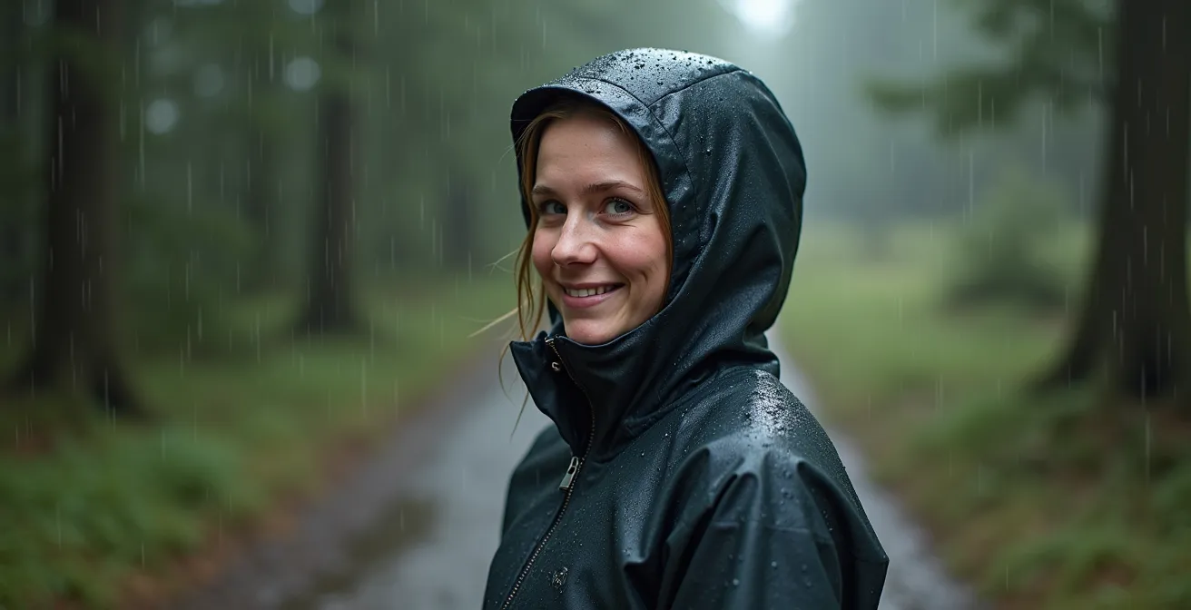 Extreme Nahaufnahme von Wassertropfen, die von einer imprägnierten Oberfläche abperlen