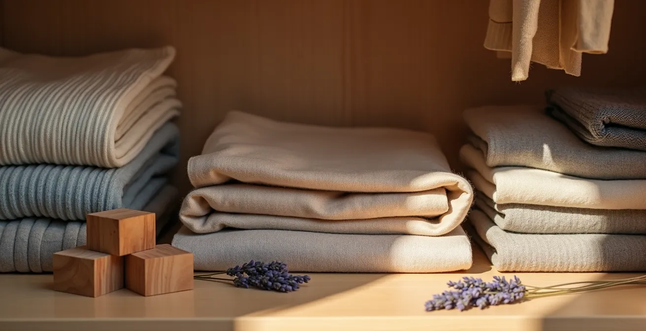 Stillleben mit natürlichen Mottenschutzmitteln zwischen Wollpullovern